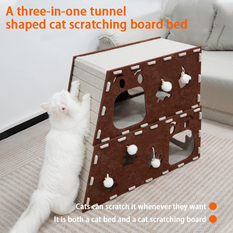 A three-in-one tunnel-shaped cat scratching board bed
