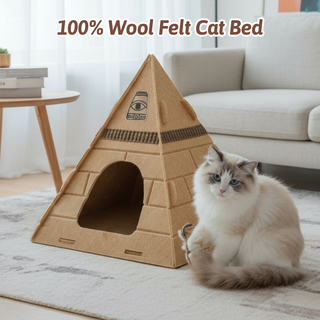 Natural Wool Felt Pyramid Cat Bed (cat hat included as a gift)