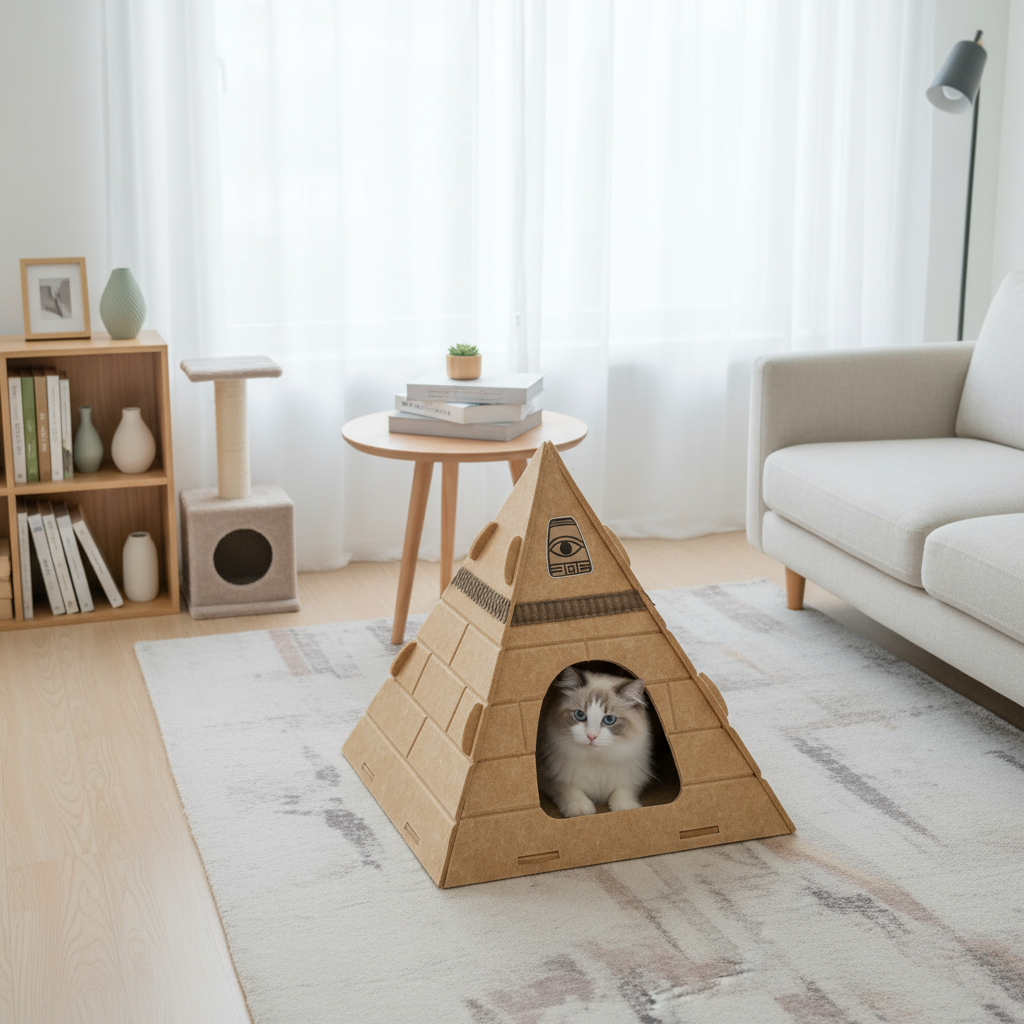Natural Wool Felt Pyramid Cat Bed (cat hat included as a gift)