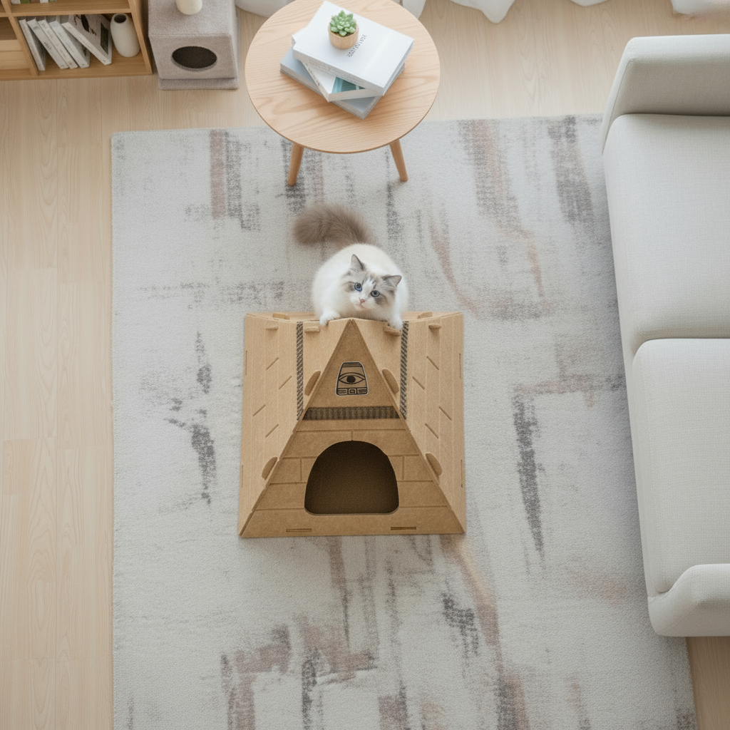 Natural Wool Felt Pyramid Cat Bed (cat hat included as a gift)