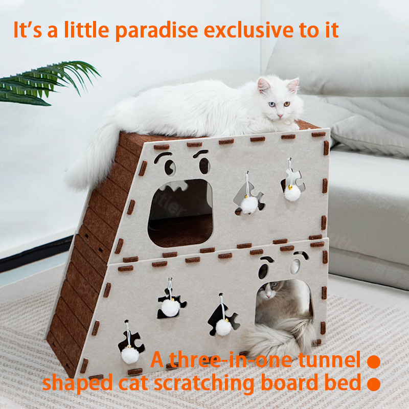 A three-in-one tunnel-shaped cat scratching board bed