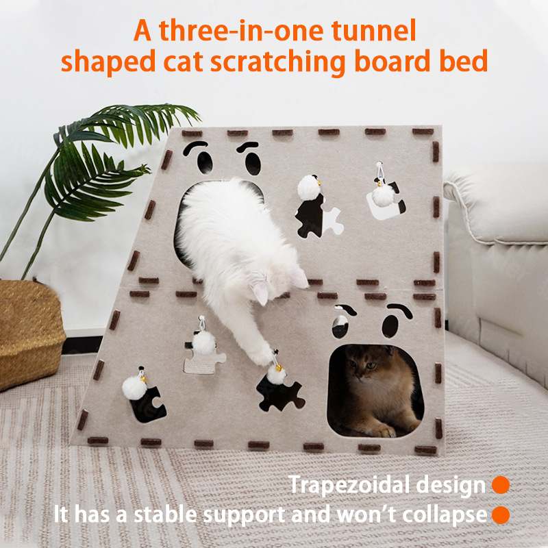 A three-in-one tunnel-shaped cat scratching board bed