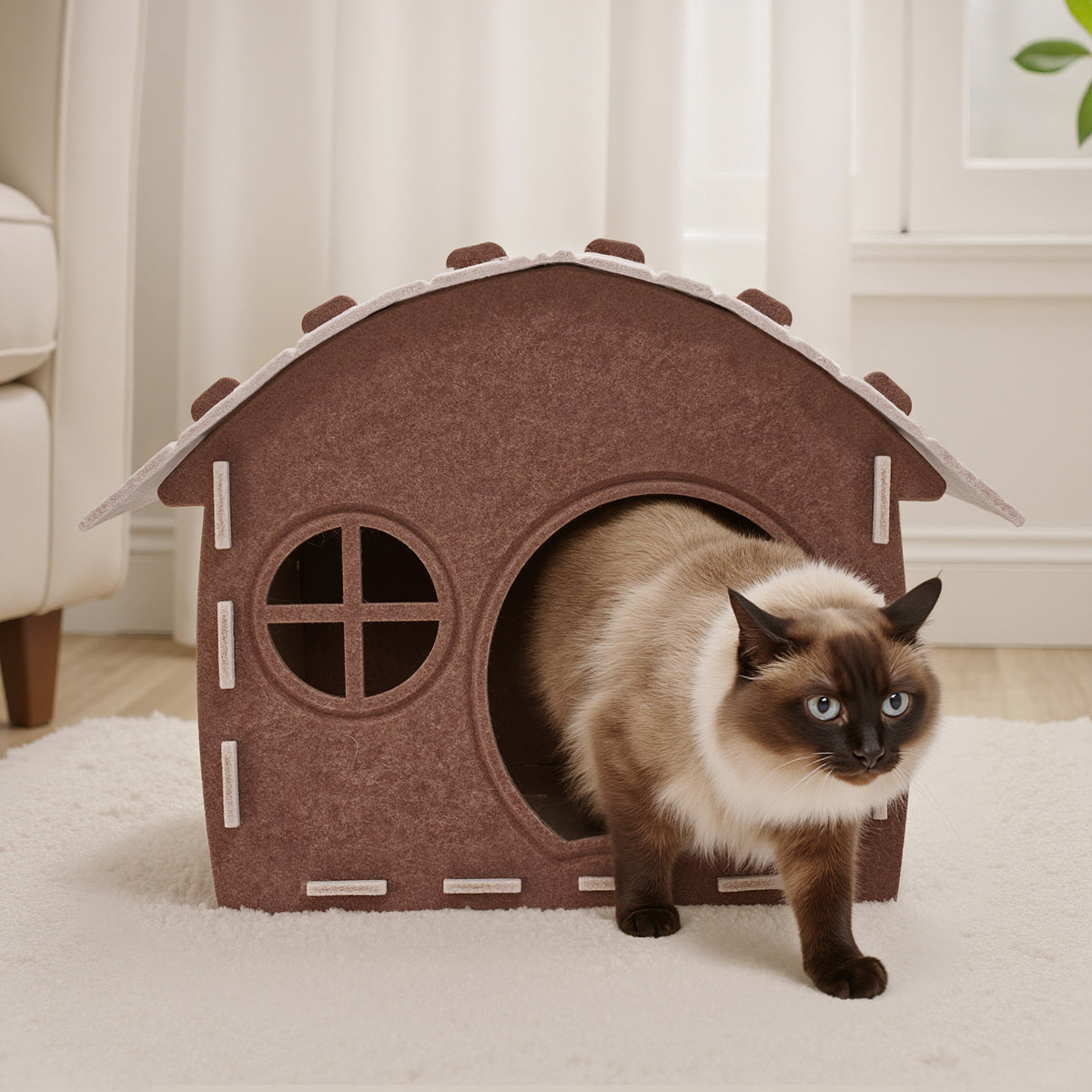 Felt wooden house cat bed