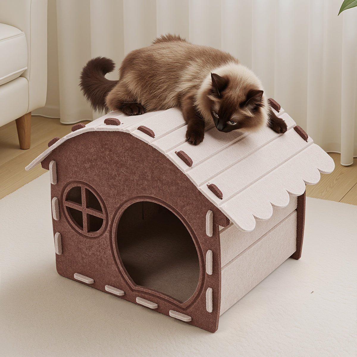 Felt wooden house cat bed
